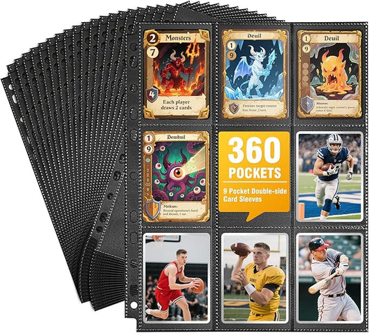 20 Pack 360 Pockets Black Trading Card Sleeves Binder Sheets, Double Sided Thicken Game Card Sleeves for 3 Ring Binder, 9 Pocket Side Loading Page Protector for MTG, Yugioh, Game, Baseball Cards