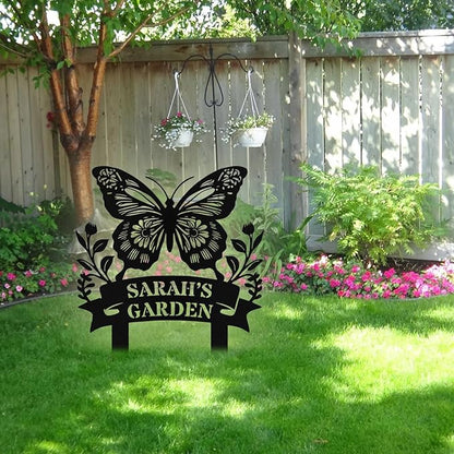 Custom Metal Butterfly Garden Sign with Stake, Personalized Garden Signs for Outside, Customized Garden Name Signs for Yard Lawn Outdoor Decor Gardening Gifts for Moms Grandmas Gardeners