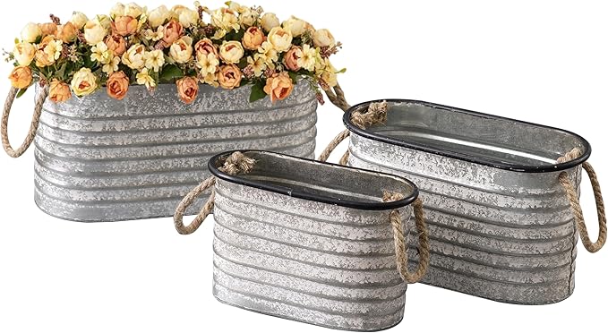 SOFE Rustic Galvanized Tub Small Oval Planter Set of 3, Planters for Indoor Plants, Metal Bucket with Rope Handles, Farmhouse Indoor Plant Pot Home Decor for Outdoor Garden