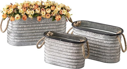 SOFE Rustic Galvanized Tub Small Oval Planter Set of 3, Planters for Indoor Plants, Metal Bucket with Rope Handles, Farmhouse Indoor Plant Pot Home Decor for Outdoor Garden