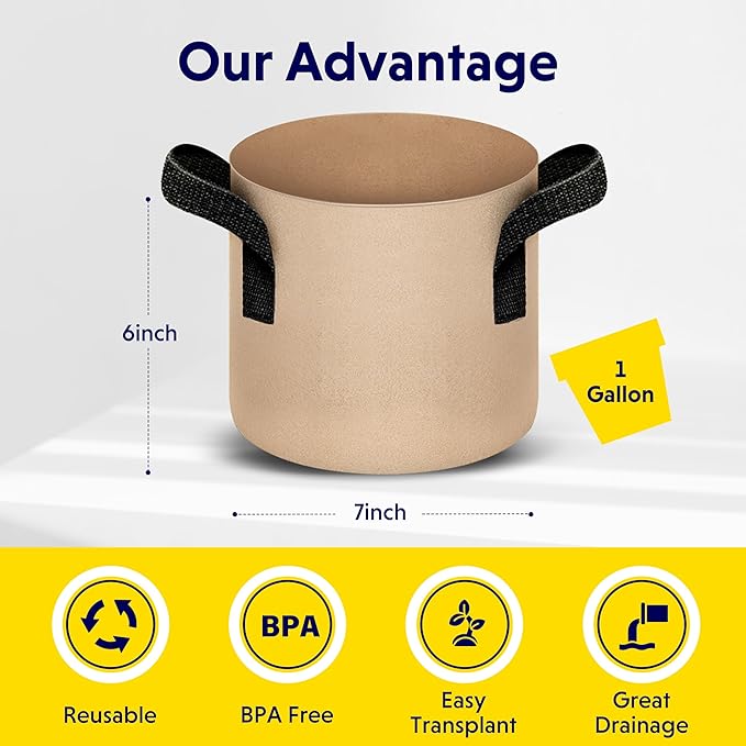 YSSOA 5-Pack 1 Gallon Grow Bags Heavy Duty Thickened Nonwoven Aeration Fabric Pots with Handles, Cloth Pots for Plants, Vegetable, Flower, Tomato Potato