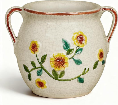 EFISPSS 6 Inch Vintage Ceramic Flower Pot with Relief Design & Handles,Ceramic Cracked Flower Pot with Drainage Hole for Indoor Plants,Tuscan Home Garden Decor (Living Room,Gift Ideas)