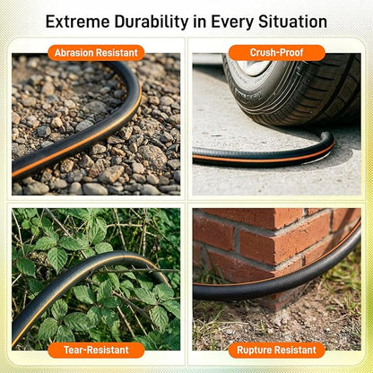 Garden Hose, 25ft 5/8" Heavy Duty Rubber Water Hose w/ 10-Mode Spray Nozzle, 550 PSI Burst, 360° Anti-Kink Swivel Connectors, All-Weather Flexible, Leakproof 3/4" Brass Male to Female Fittings