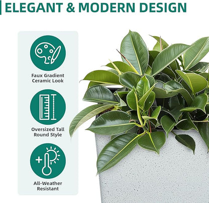 28" Tall Planters for Indoor Outdoor Plants, Set of 2 Large Tapered Flower Pots, Modern Plant Containers for Patio, Garden, Porch, Balcony or Home Decor, White Terrazzo, Durable & UV-Resistant