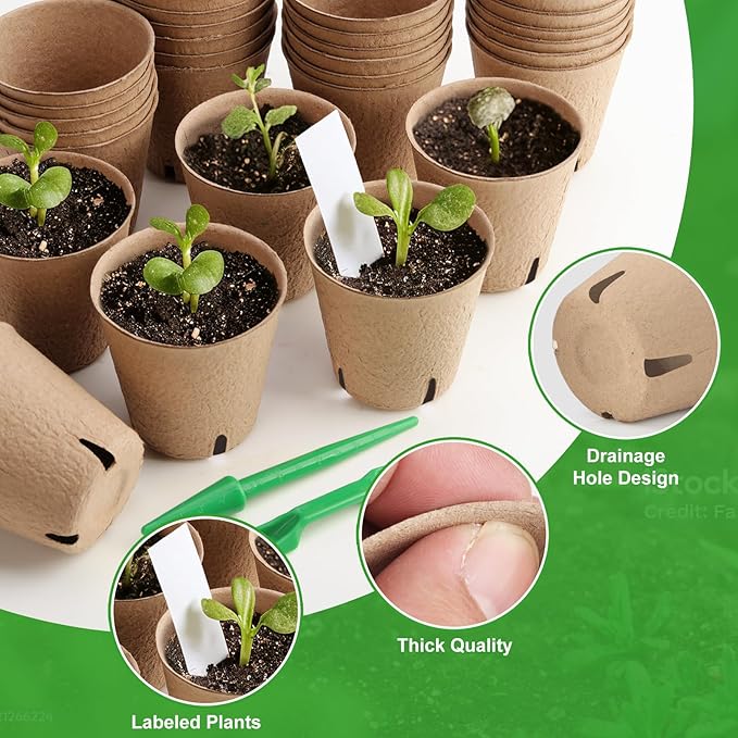 120 Pack 3.15 Inch Peat Pots Plant Starters for Seedling, Herb Seed Starter Pots Kits, Garden Germination Nursery Pot wit 30 Plant Labels, 2 Transplant Tools.