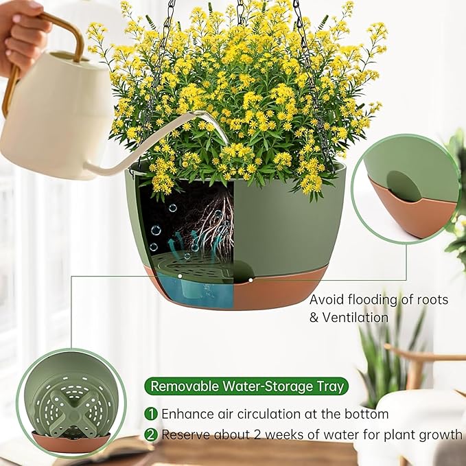 Hanging Planters for Indoor Plants, Set of 2 8/10 Inch Self-Watering Hanging Pots with Drainage Hole & Removable Water-Storage Tray II Screw-in Hooks II