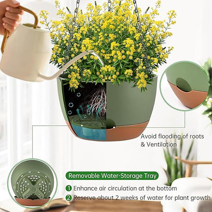 Hanging Planters for Indoor Plants, Set of 2 8/10 Inch Self-Watering Hanging Pots with Drainage Hole & Removable Water-Storage Tray II Screw-in Hooks II