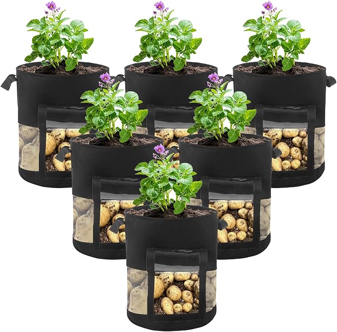 6 Pack 7 Gallon Visible Potato Grow Bags, Thickened Nonwoven Fabric Pots Potato Growing Containers with Handles & Visible Flap, Plant Grow Bags for Growing Potatoes, Tomatoes, Flowers, and Vegetables