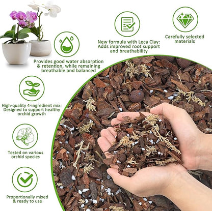 Orchid Bark Potting Mix 18QT - Orchid Soil Mix with Pine Bark, Perlite, Sphagnum Moss & Leca Clay, Fast-Draining Mix for Repotting Phalaenopsis & All Epiphytic Orchids, Indoor Orchid Mulch