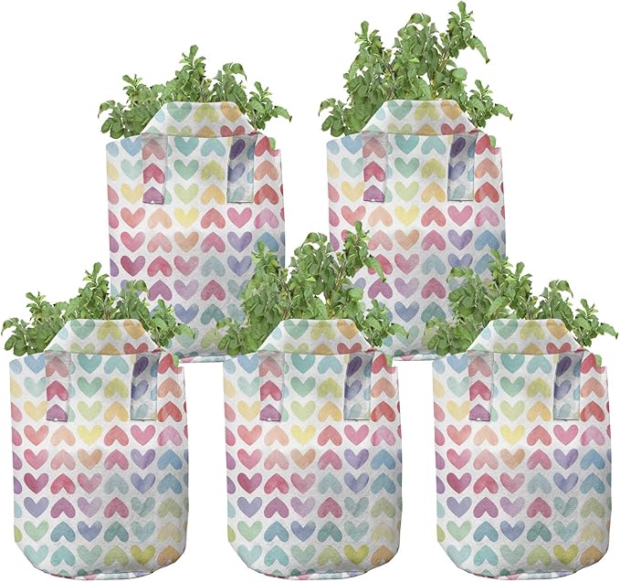 Ambesonne Watercolor Grow Bags 5-Pack, Paintbrush Effect Hearts, Heavyduty Fabric Pots with Handles for Plants, Pale Pink