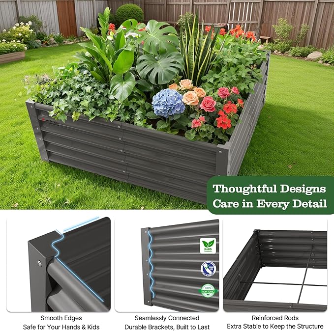 A ANLEOLIFE 8-Piece 18 Inch Tall Quartz Grey Raised Garden Beds Kit, L-Shaped & Square Metal Planters –Ideal for Structured Backyard Layouts.