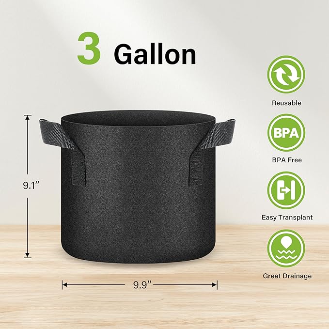 HealSmart Plant Grow Bags 3 Gallon, Tomoato Planter Pots 5-Pack with Handles, Aeration Nonwoven Fabric, Heavy Duty Gardening Planter for Vegetable, Herbs and Flowers, Black 2024 Version