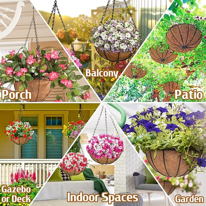ZeeDix 12 Inch Hanging Baskets for Plants Outdoor - 3 Pack Hanging Planters with Coconut Liners, Metal Round Hanging Planter for Flowers Vegetables