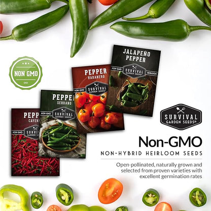 Hot Pepper Seeds Variety Pack for Planting | 4 Varieties: Jalapeno, Serrano, Cayenne & Habanero – Spicy Heirloom Chili Peppers for Hot Sauce & Salsa – Non-GMO – Survival Garden Seeds