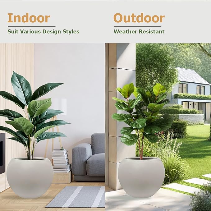 12.8" H x 16" D Globo Fiberstone Round Planter with Drainage Hole, Smooth Finishes, Weather Resistant for Indoor and Outdoor Use, Included 2 Extra Coco Mats (Taupe, 10.7" Pot Opening)