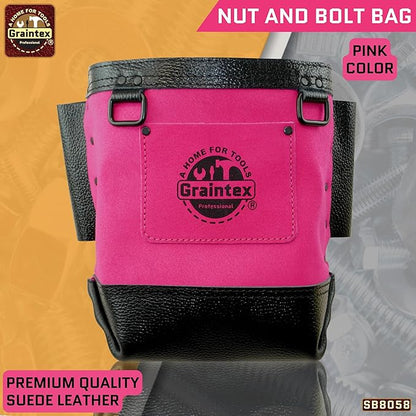 Graintex Nut & Bolt Bag, Pink Color Premium Quality Suede Leather Tool Bag, Tool Belt for Ironworker Tools, Bull Pin Loops, Ideal for Heavy-Duty Use, Bolt Bags for Construction Professionals - SB8058