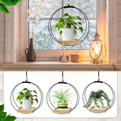 Geelin 4 Pack Plant Hanger with Wood Base Hanging Window Planter Boho Macrame Hanging Potted Plant Holders for Indoor Outdoor Window Wall Ceiling Home Decoration, Pot & Sapling Not Included (Khaki)