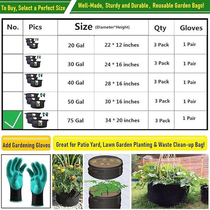3-Pack 75 Gallon Thickened Plant Grow Bags Large (34x20 in) Heavy Duty Garden Bag Fabric Plant Pots for Tomato,Potato Planter,Herbs Veggies Planting,Flower Pots,Barrel Planter,Leaf Bag,Yard Waste Bags