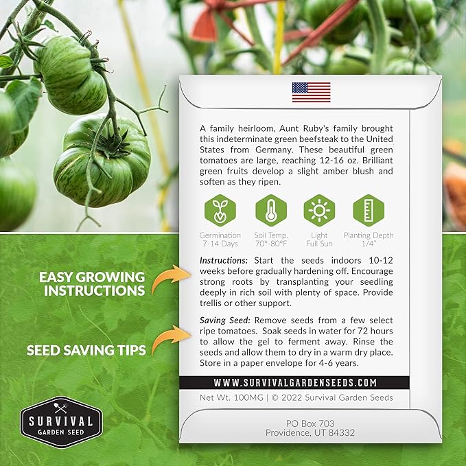 Aunt Ruby’s German Green Tomato Seeds for Planting – Heirloom Indeterminate Variety with Sweet Flavor – Non-GMO Open-Pollinated Green-When-Ripe Tomatoes – Survival Garden Seeds (1 Pack)