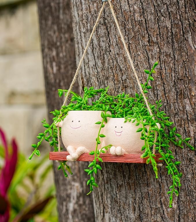 Cute Couple Swing Planter with Smiley Face,Couple Planter,Hanging Swing face Pot,Hanging Plant Pot for Indoor Outdoor Plants, (Khaki)
