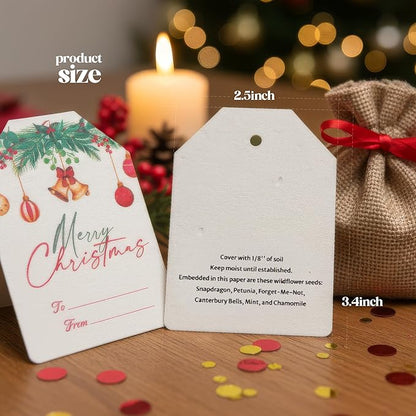 Christmas Plantable Gift Tags with Wildflower Seeds – Writable, Plantable Merry Christmas Tags, 4 Festive & Ornament Designs, Perfect for Holiday Gifts, Family & Friends (48 Tags (12 per Design)