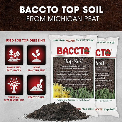 Michigan Peat Baccto Top Soil for Lawns, Gardens, and Raised Planting Beds with Reed Sedge, Peat, and Sand, 50 Pounds (2 Pack)