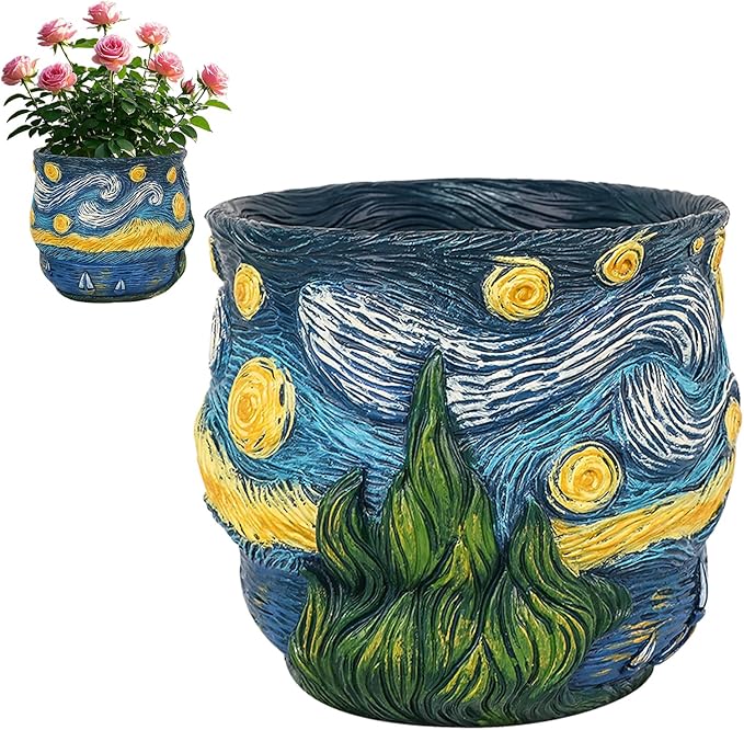 Starry Night Planter Pots Van Gogh Inspired Acolorful Art Flower Pot with Artistic Brushstroke Design Resin Funky Vase for Home Balcony Decoration