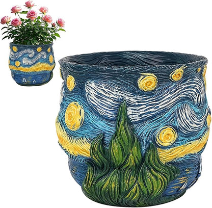 Starry Night Planter Pots Van Gogh Inspired Acolorful Art Flower Pot with Artistic Brushstroke Design Resin Funky Vase for Home Balcony Decoration