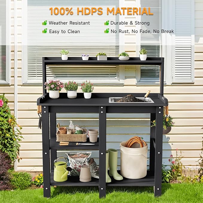 ONBRILL Potting Bench, Outdoor Potting Bench Table with Removable Sink, HDPS Potting Benches for Outside, Garden Table with Storage Shelves & 4 Side Hooks, No Rot, No Fade, No Break, 360lbs Capacity