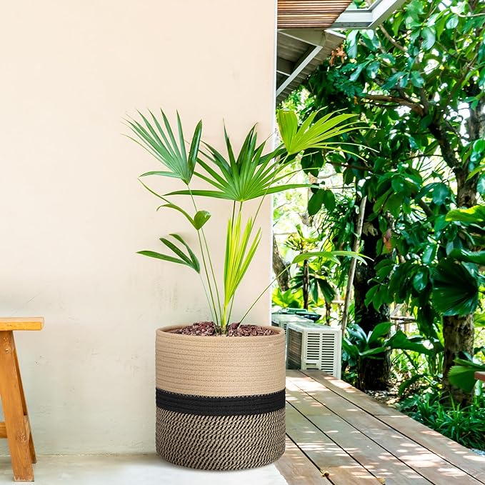 Plant Basket with Stand Indoor Planter Pot Holder Sturdy Jute Rope Modern Woven Basket, Cotton Rope Woven Pot with Bamboo Stand(10 Inch,Black and Beige Stripes)