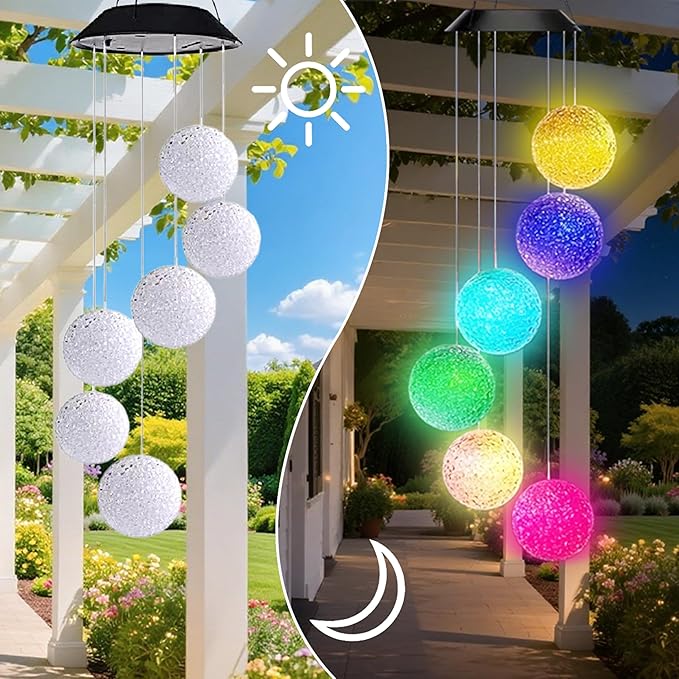 Solar Wind Chime for Outside,Hanging Wind Chimes for Outside,Solar Powered Color Changing Crystal Ball WindChimes,Patio Yard Outdoor Garden Porch Decor,Unique Ourdoor Gifts for Mom Grandma