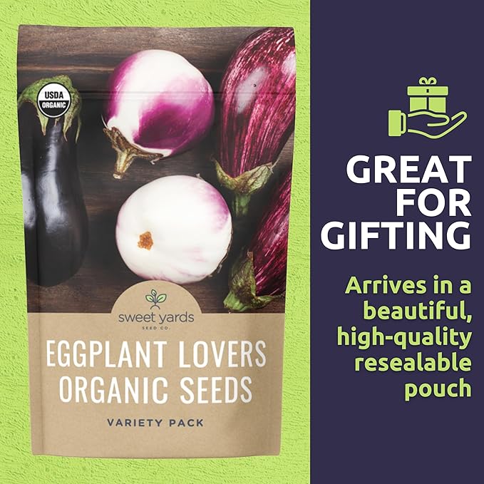 Organic Eggplant Seeds Variety Pack - 3 Individual Packs - 2026 Season - Black Beauty, Rosa Bianca and Snowy Eggplant! for Indoor & Outdoor Planting (Non-GMO, Certified Organic)