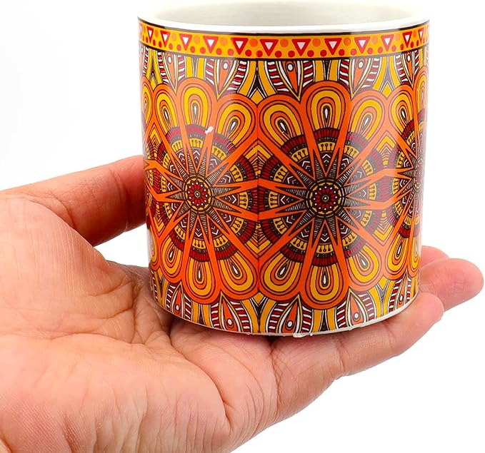 Yesland 4 Pack Succulent Plant Pots with Bamboo Tray, 3 Inch Ceramic Mandalas Pattern Cylinder Planter & Flower Pots with Drainage Hole, for Flowers, Cactus, Home, Garden, Office Decoration