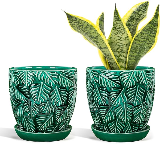 Ceramic Plant Pots, 6 Inch Indoor Plant pots with Drainage Hole and Saucer, Flower Pots, Leaf Embossed - Green Glaze, Set of 2