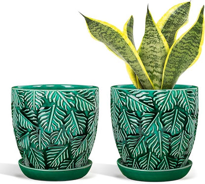 Ceramic Plant Pots, 6 Inch Indoor Plant pots with Drainage Hole and Saucer, Flower Pots, Leaf Embossed - Green Glaze, Set of 2