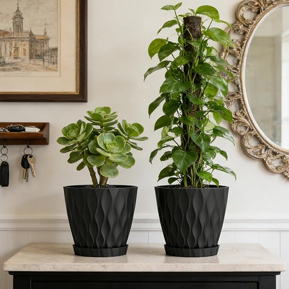 8 Inch Plant Pots, 2 Pack Plastic Planters for Indoor Outdoor with Drainage Holes & Saucers, Waffle Texture Flower Pots for Indoor Plants, Indoor Plant Pots for Monstera, Fiddle Leaf Fig, Black