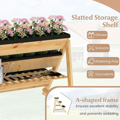 3-Tier Raised Garden Bed, Vertical Garden Planter w/Storage Shelf, Bed Liner & 2 Side Hooks, Wood Elevated Planter Box Outdoor for Plants Vegetables Flowers Herbs,Natural (46" x 29" x 31.5")
