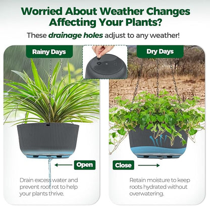 T4U 8 Inch Hanging Planters for Indoor Outdoor Plants, Self Watering Hanging Pot Pack of 2, Hanging Pots with Drainage Hole & Plug & Chain with 3 Hooks for Garden Home Decor, Grey