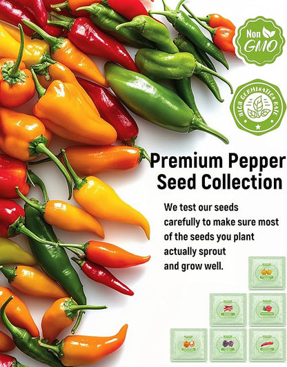 Sweet Pepper Seeds Gardening Kit - 6 Heirloom Varieties for Salsa & Cooking - Non-GMO Chili Plant Seeds for Indoor & Outdoor Planting: Red, Orange, Yellow, Green and More Bell Pepper