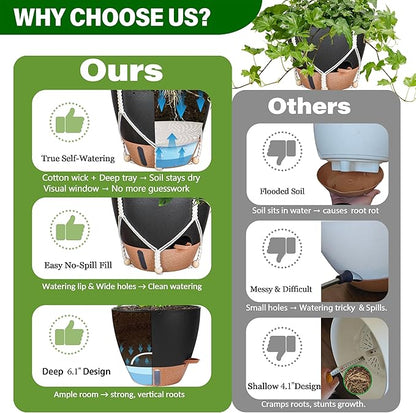 10 Inch Hanging Planters for Indoor Plants, 2 Pack Self Watering Hanging Baskets Flower Pots with Drainage Hole, Visual Reservoir & 2 Kinds of Plant Hanger for Outdoor Garden Home Decor（Black）