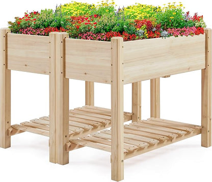 Yaheetech 34x18x30in Horticulture Raised Garden Bed 2pcs Planter Box with Legs & Storage Shelf Wooden Elevated Vegetable Growing Bed for Flower/Herb/Patio/Balcony, Natural Wood