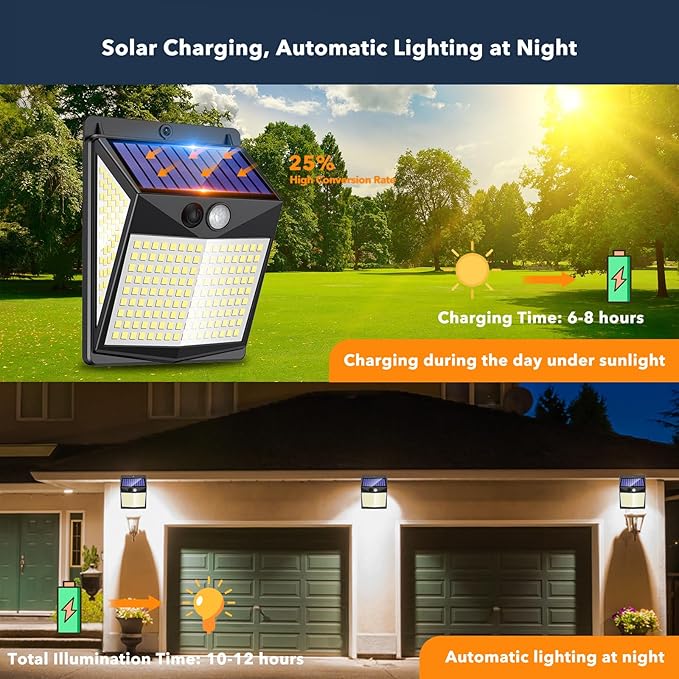 Solar Lights Outdoor Motion Sensor - Solar Motion Detector Lamps for Outside, 238 LED with 300° Angle Illumination and 3 Lighting Modes, IP65 Waterproof Solar-Powered for Garden, Patio, Yard [4 Pack]