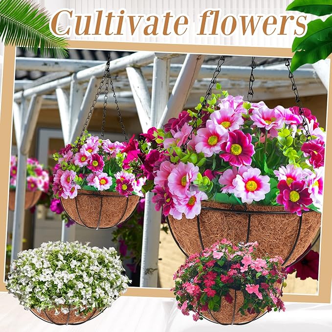 Dandat 12 Pack 14 Inch Metal Hanging Planter Basket with Coconut Coir Liner Metal Wire Plant Holder Chain Watering Outdoor Hanging Pots Flower Pot Hanger for Porch Indoor Outdoor Garden Decorations