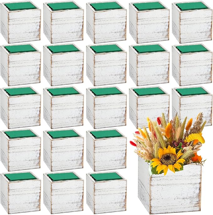 Dandat 24 Sets Wooden Cube Planter Boxes for Centerpiece 4 Inch Flower White Wood Rustic Square Vase with Removable Plastic Liner Floral Foam Block for Garden Wedding Home Arrangement Decor