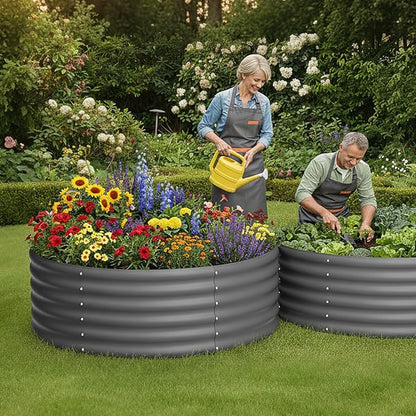 DDK Galvanized Raised Garden Bed, Round Outdoor Planter Bed, 4x4x1.5ft Metal Planter Box for Gardening and Planting,DG