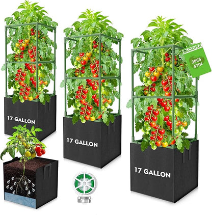 3 Pack Tomato Cages, Square Tomato Trellis with 17 Gallon Grow Bags,47IN Tall Heavy Duty Tomato Plant Support Stakes for Garden Climbing Vegetables Flowers Fruits (Extra-Bold, 3 Pack)
