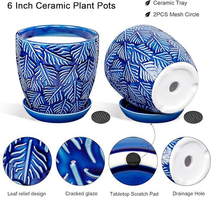 EFISPSS 6 Inch Plant Pots, Ceramic Plant Pots with Drainage Hole and Saucer, Indoor/Outdoor Flower Pots, Set of 2 - Blue