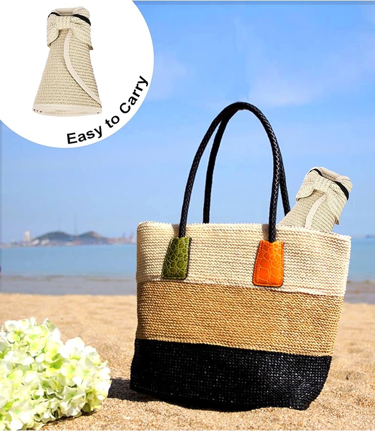 Womens Beach Straw Sun Hats Ponytail Hole Wide Brim Summer Visor Foldable Hat Sun Protection Packable for Travel Pool