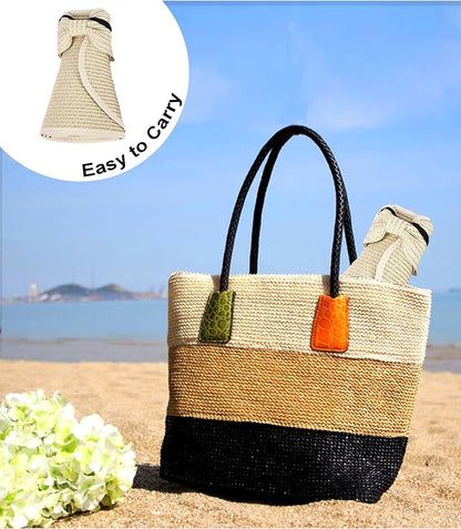 Womens Beach Straw Sun Hats Ponytail Hole Wide Brim Summer Visor Foldable Hat Sun Protection Packable for Travel Pool