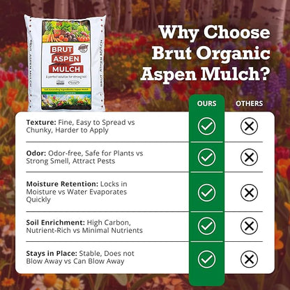 Brut Organic Aspen Mulch – 10 Quarts, Natural Moisture Retainer & Root Protector – Odor-Free, Nutrient-Rich Bark Mulch for Landscaping, Garden Beds & Potted Plants